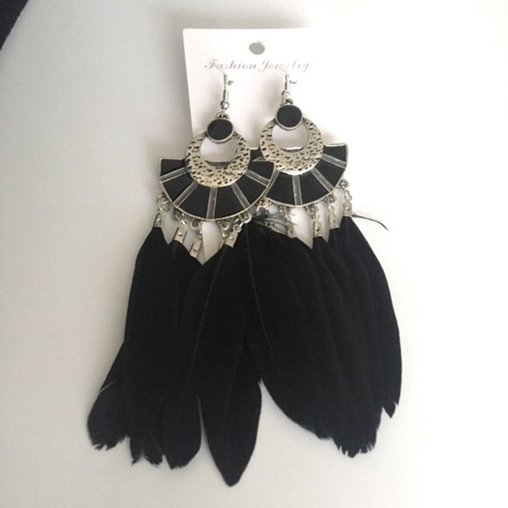 Native Style Black Feather Hook Dangle Earrings - Picture 1 of 7